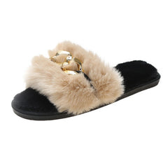 Apricot Metal Hollow Chain Furry Slippers