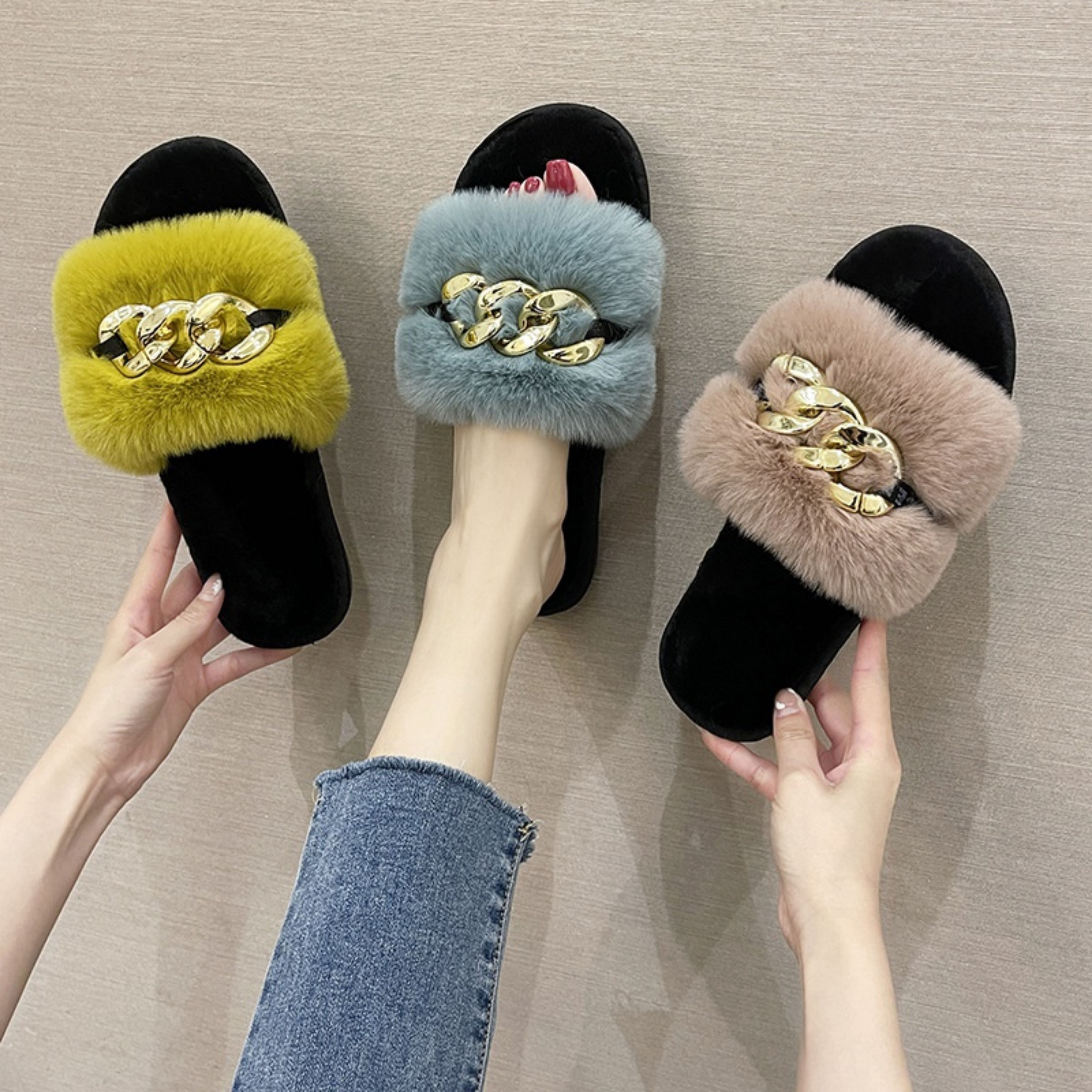 Haze-blue Metal Hollow Chain Furry Slippers