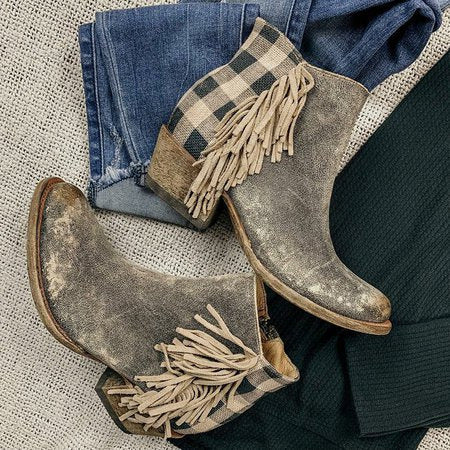 Fringed plaid chunky heel ankle boots