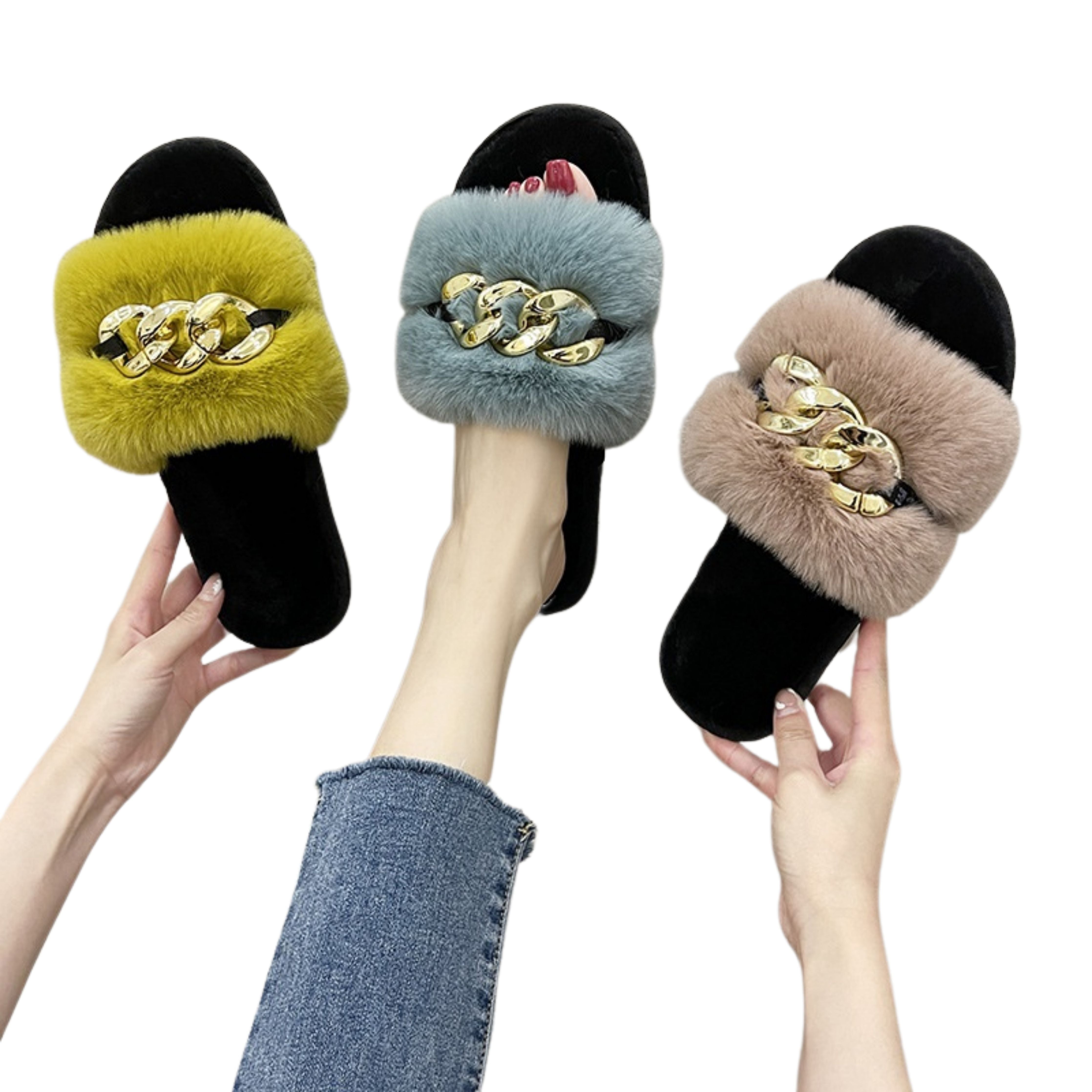 Apricot Metal Hollow Chain Furry Slippers