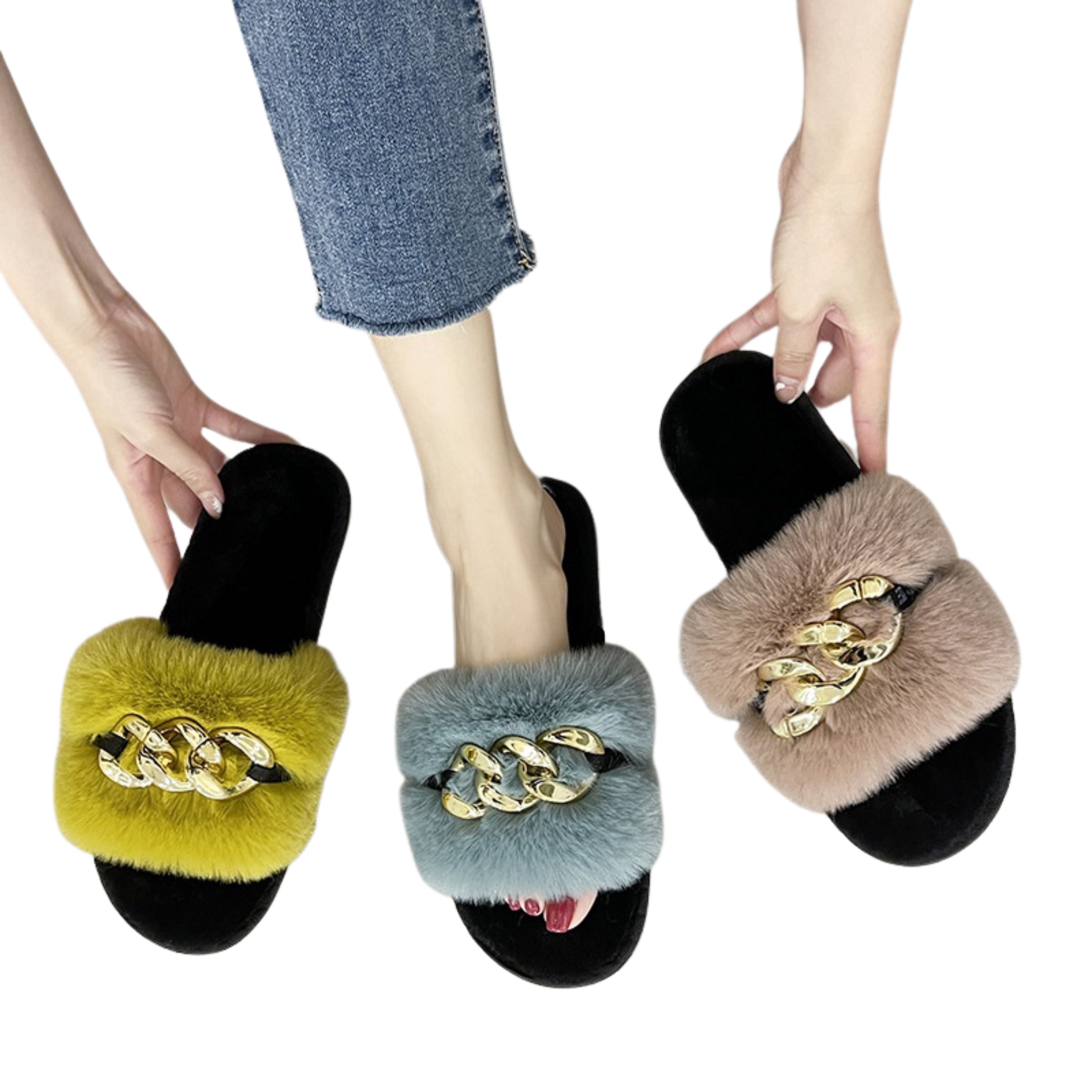 Haze-blue Metal Hollow Chain Furry Slippers