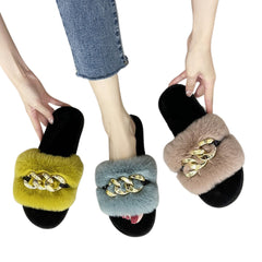 Haze-blue Metal Hollow Chain Furry Slippers