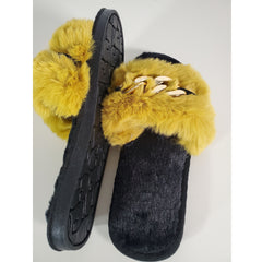 Lemon-Yellow Metal Hollow Chain Furry Slippers