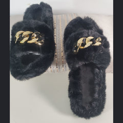 Black Gold Chain Thick Bottom Plush Slippers