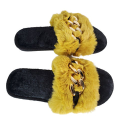 Lemon-Yellow Metal Hollow Chain Furry Slippers