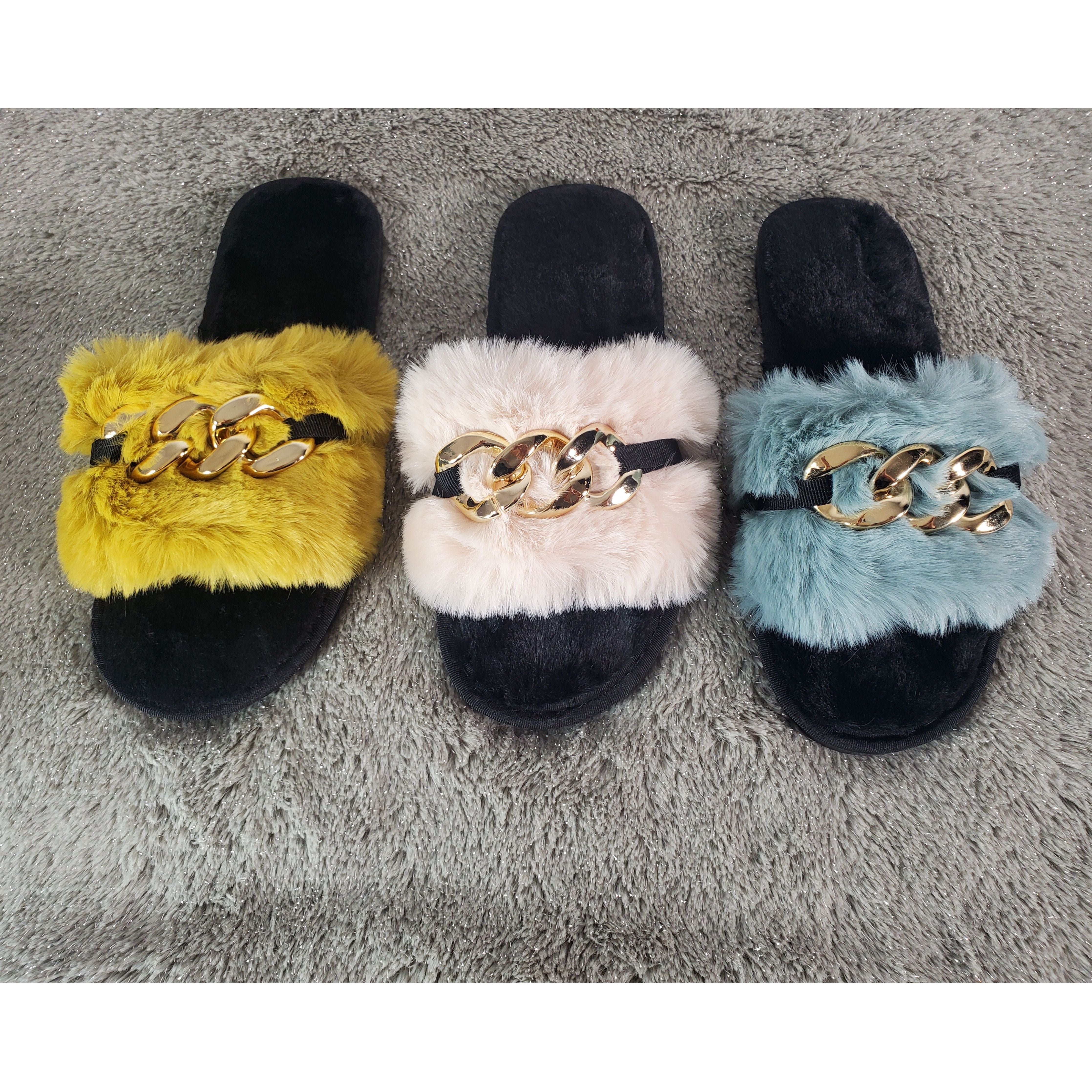 Lemon-Yellow Metal Hollow Chain Furry Slippers