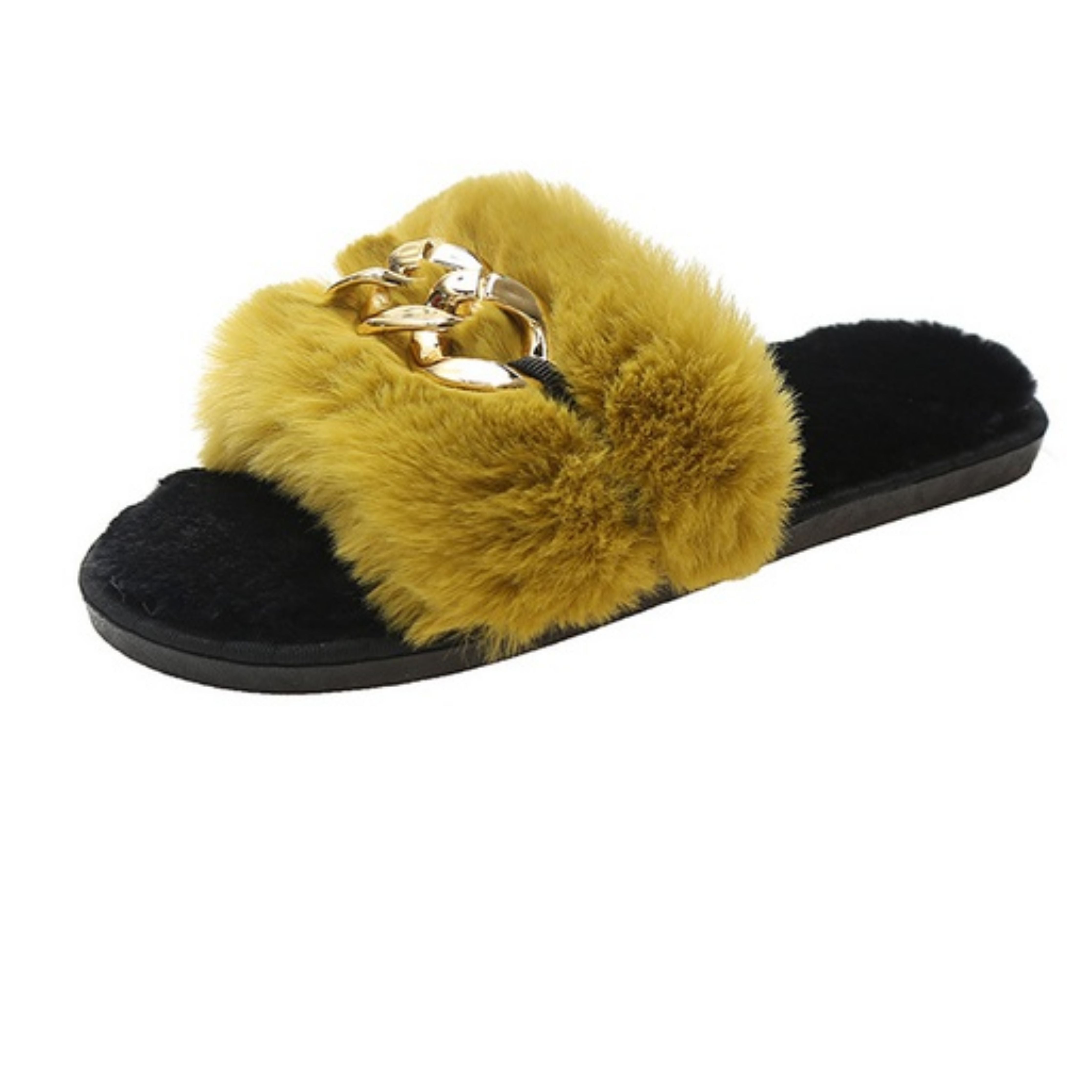 Lemon-Yellow Metal Hollow Chain Furry Slippers