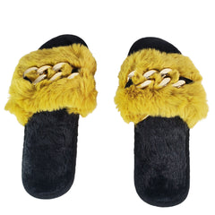 Lemon-Yellow Metal Hollow Chain Furry Slippers