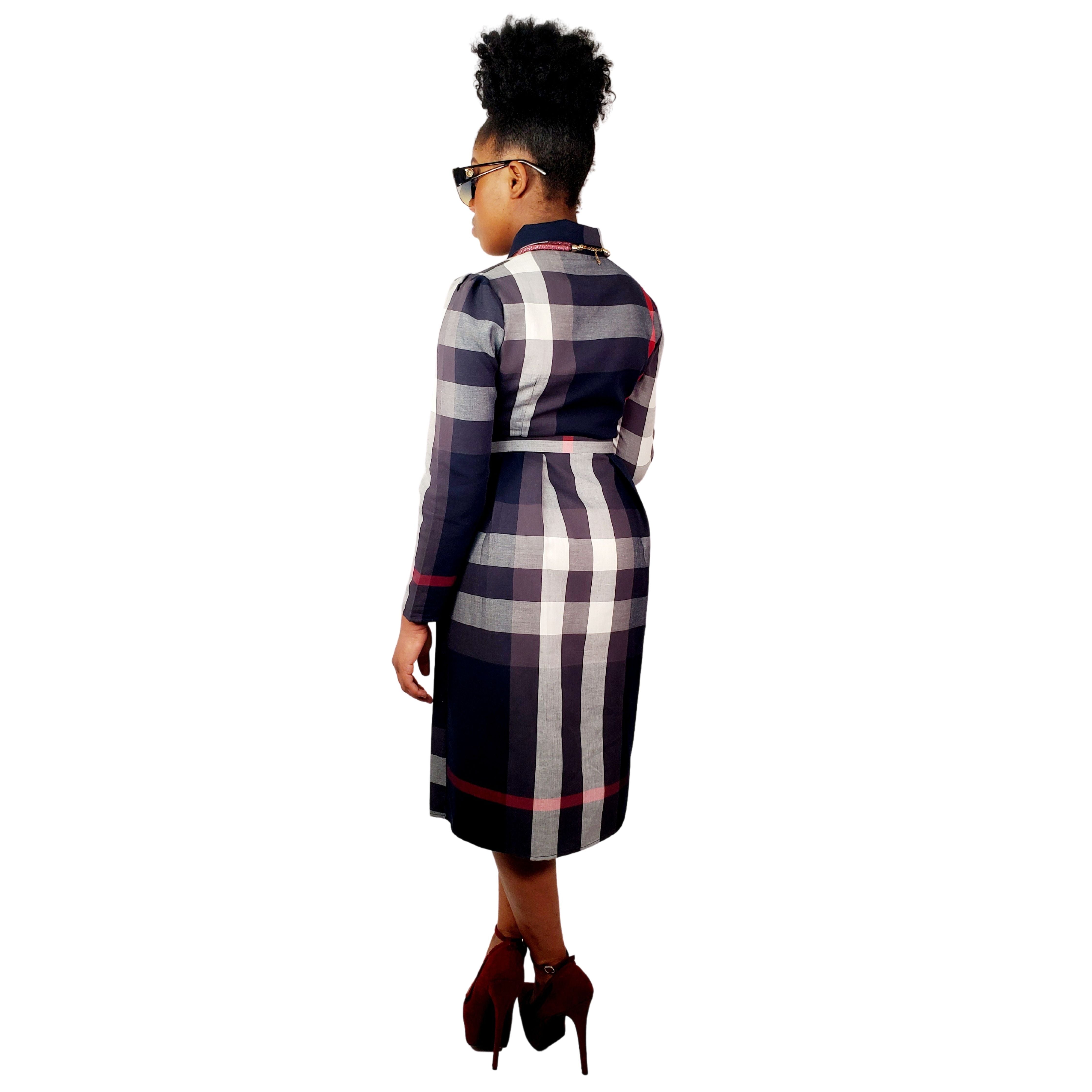 High Waist Lapel Plaid Dress