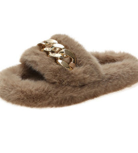 Khaki Gold Chain Thick Bottom Plush Slippers