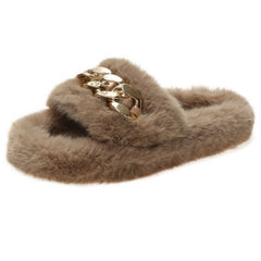 Khaki Gold Chain Thick Bottom Plush Slippers