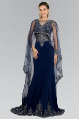 Floor-Length Embroidered Lace Applique Cape Dress - Samarlie