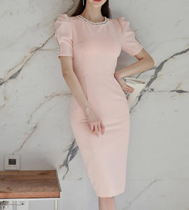 Round Neck Puff Sleeve Bodycon Dress