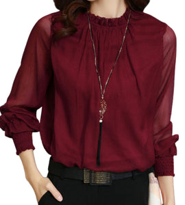 Red Wine Long See Through Sleeves Chiffon Blouse