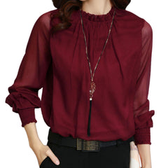 Red Wine Long See Through Sleeves Chiffon Blouse - Samarlie