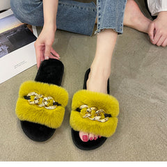 Lemon-Yellow Metal Hollow Chain Furry Slippers