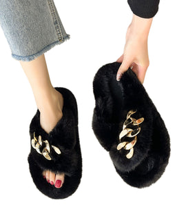 Black Metal Chain Cross Bands Plush Slippers