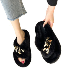 Black Metal Chain Cross Bands Plush Slippers