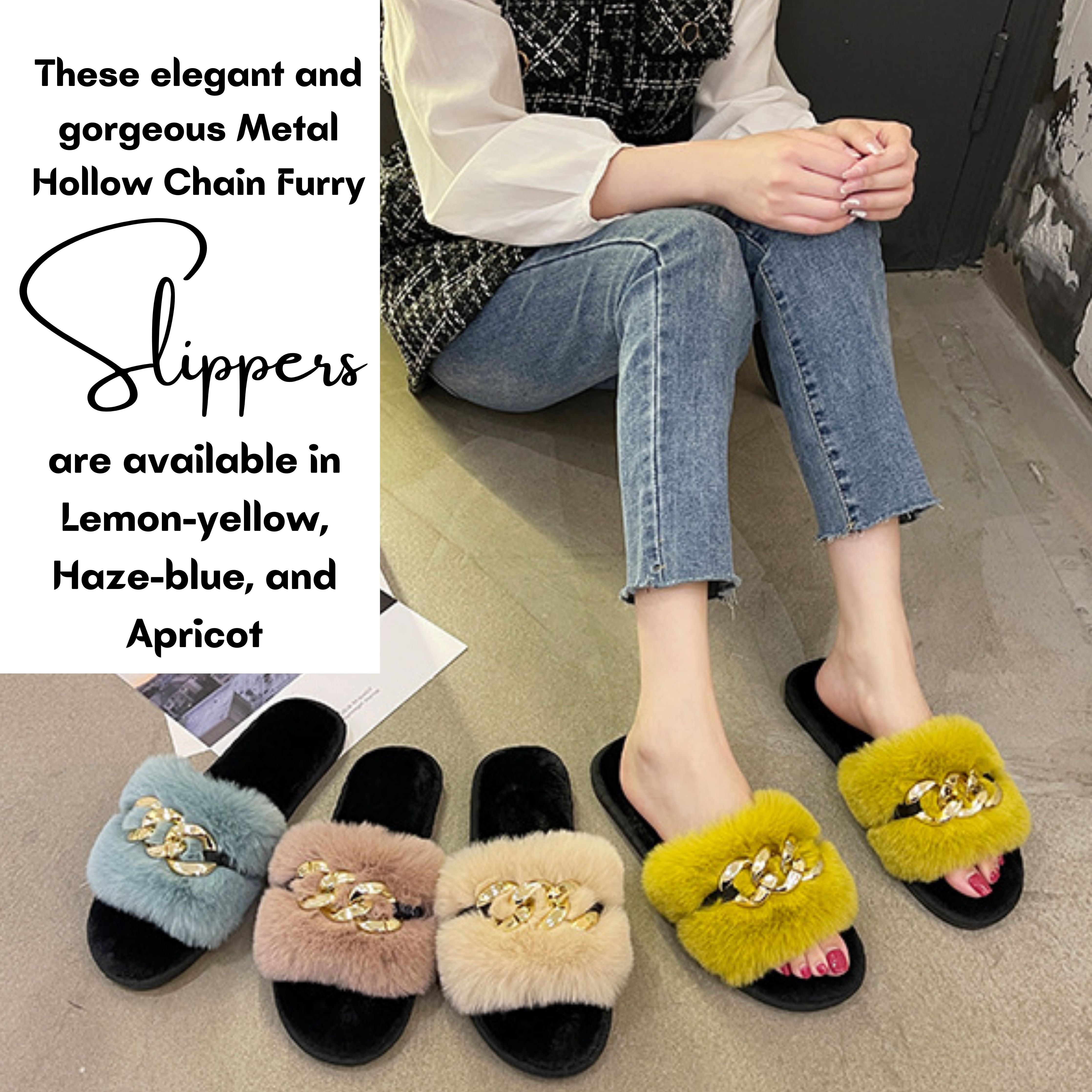 Lemon-Yellow Metal Hollow Chain Furry Slippers