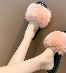 Flat Heeled Pink Plush Slippers