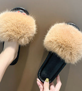 Flat Heeled Khaki Plush Slippers